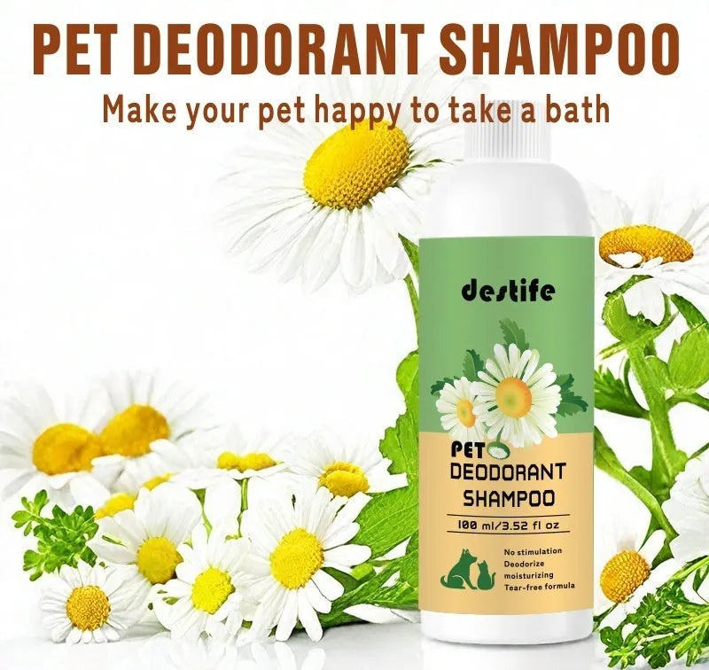 100ml bottle of pet shampoo and shower gel for dogs and cats with deodorising fragrance