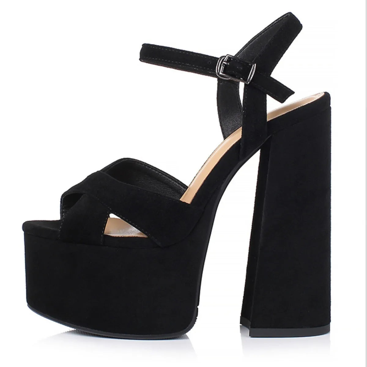 Women's black crocodile pattern chunky heel platform sandals with buckle fastening and round toe