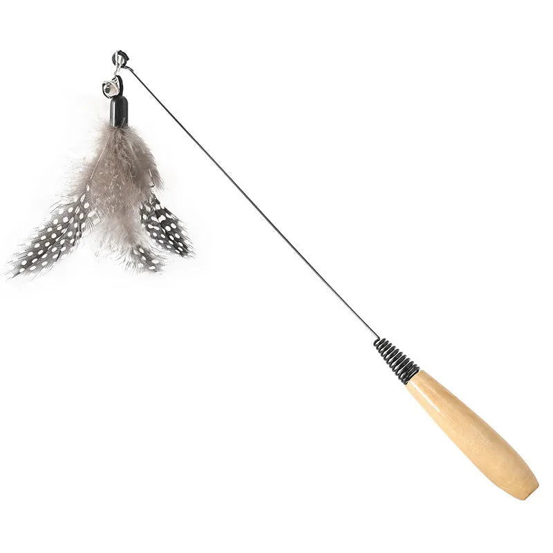 Wooden handle cat teasing stick with feather bell heads in multiple colours