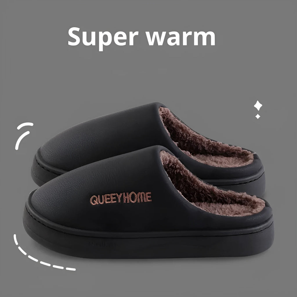 Men's winter fleece-lined slippers in brown with plush upper and non-slip PVC sole