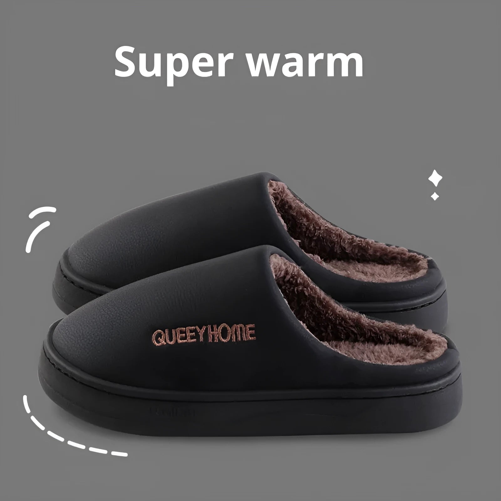 Men's winter fleece-lined slippers in brown with plush upper and non-slip PVC sole
