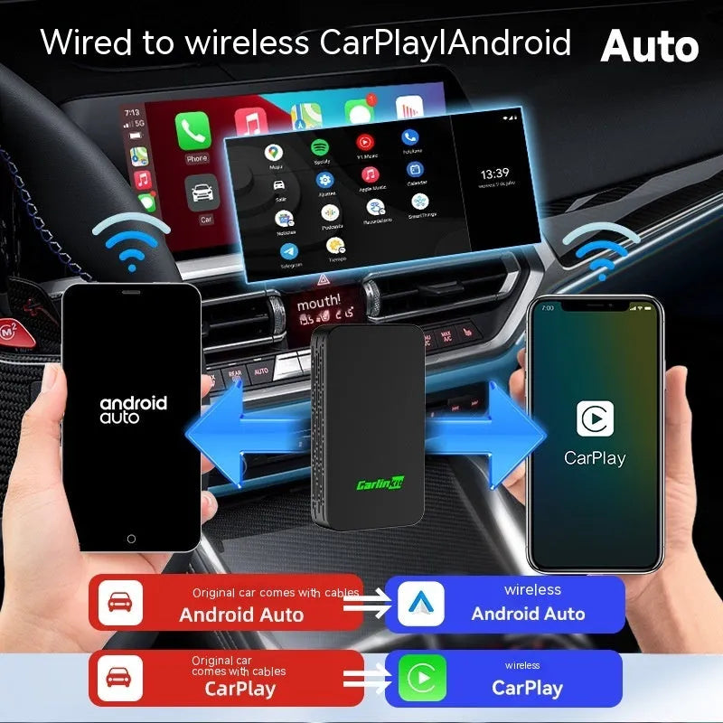 Car wired to wireless entertainment box with data cables for vehicle audio system connection