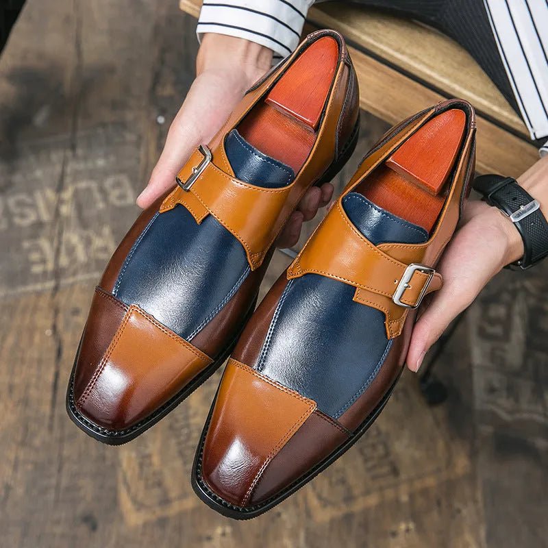 Men's brown blue retro casual leather shoes with buckle detail and tall crown height