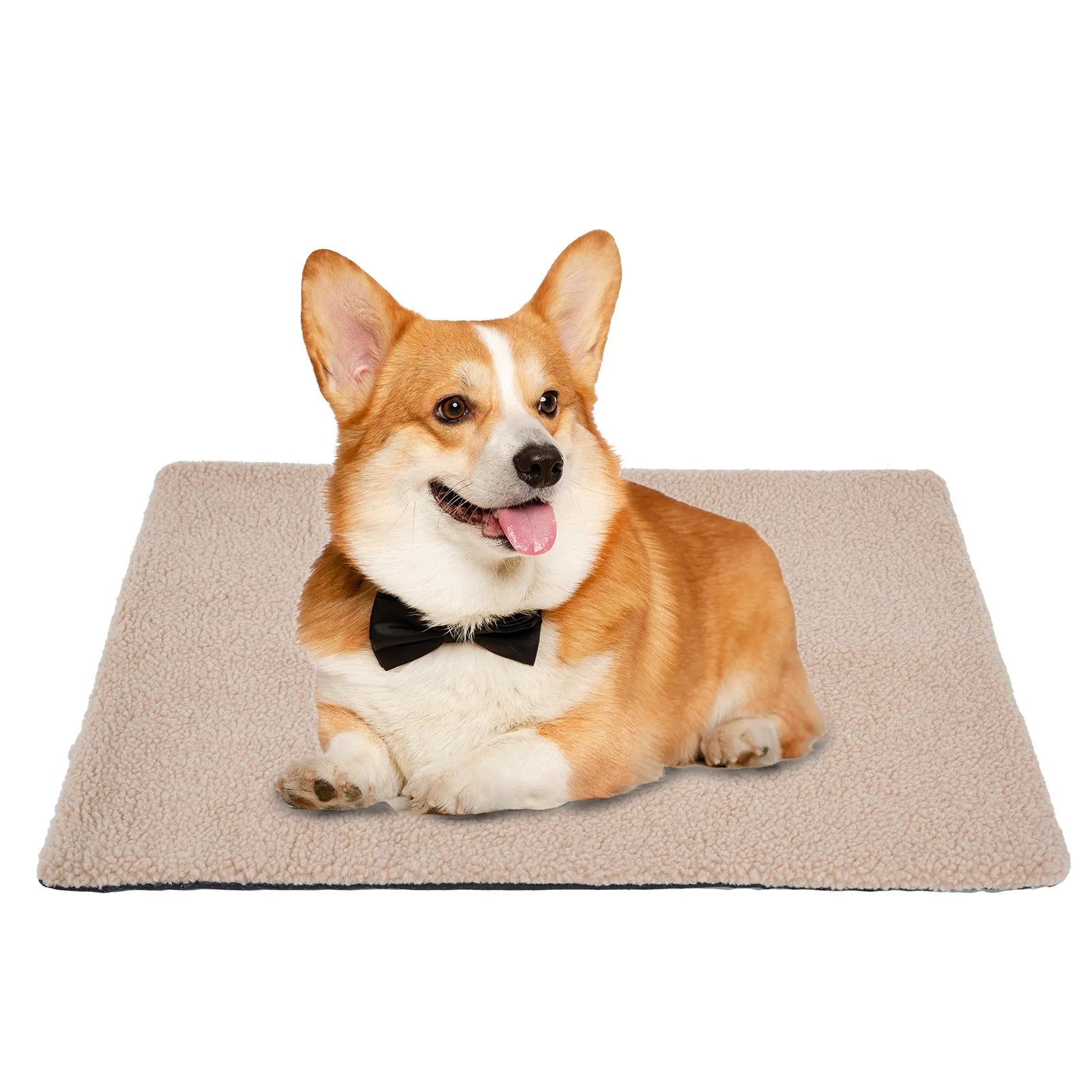 Grey self-heating plush pet pad for cats and dogs on a wooden floor.