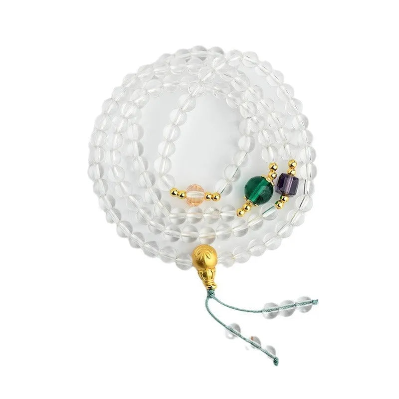 White crystal geometric bead 108 rosary bracelet laid flat, showcasing its unisex ethnic style design.