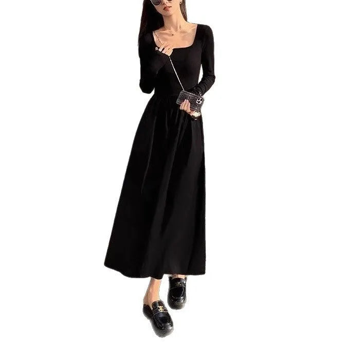 Women's black square collar knitted dress with elastic waist A-line silhouette long sleeves