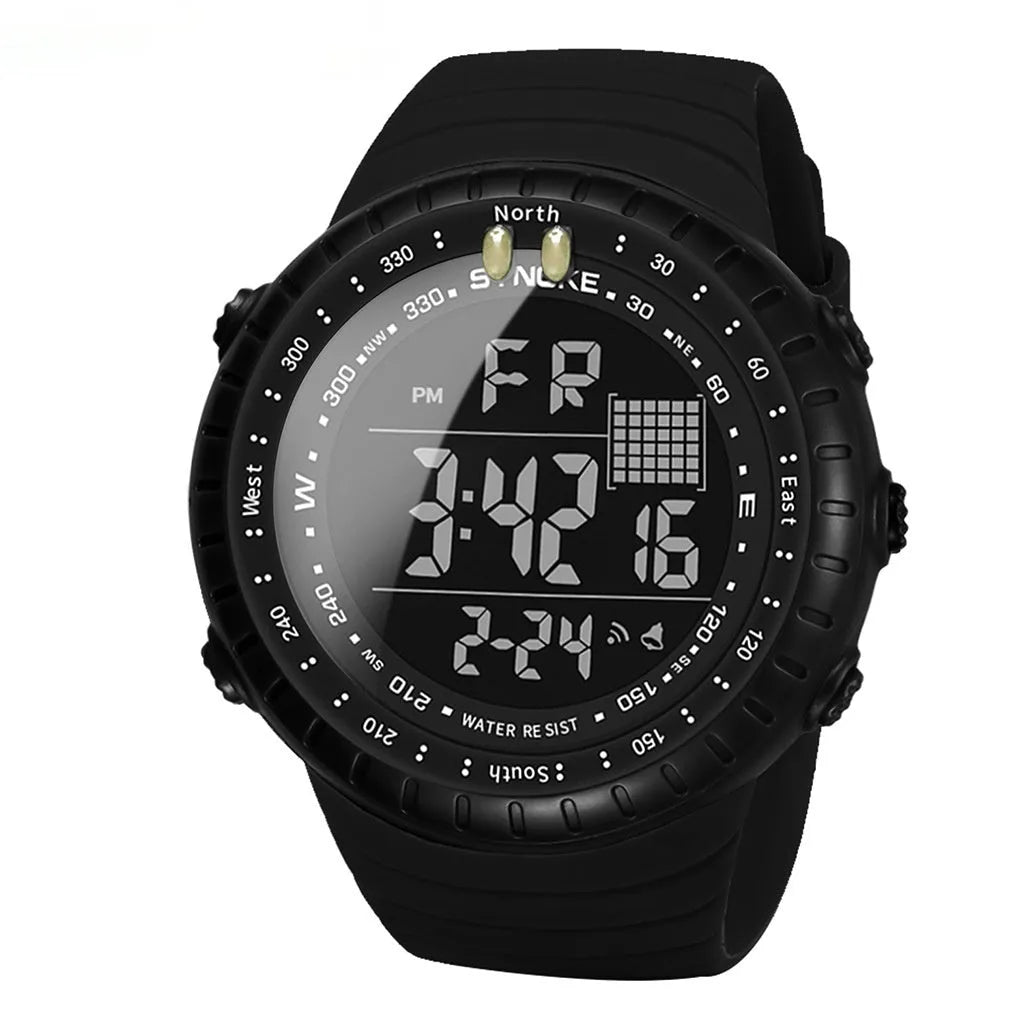 Black mens outdoor electronic watch with plastic case and PU strap showing 54.74mm dial