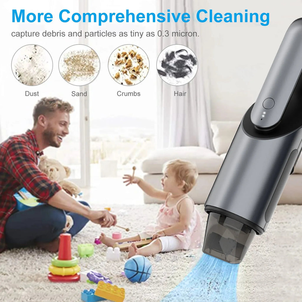 Black portable handheld car vacuum cleaner with brush and flat attachments on vehicle seat