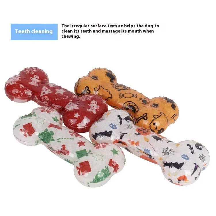 Printed bone-shaped dog chew toy in seasonal colours with TPR material