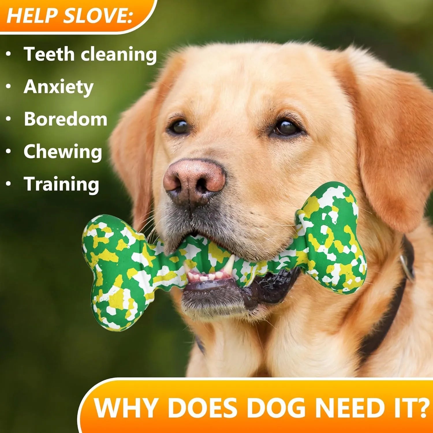 Green, white, and yellow camouflaged natural rubber bone-shaped chew toy for large dogs.