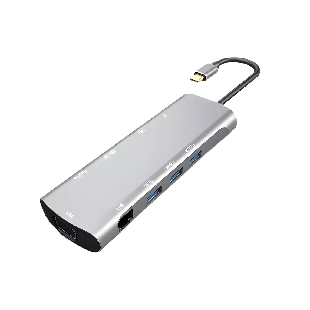 Grey aluminium USB-C docking station showing HDMI, VGA, USB 3.0, and PD charging ports