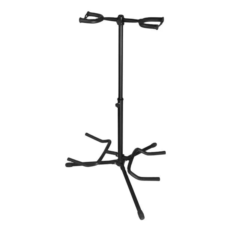 Black vertical double-headed adjustable iron guitar stand holding two guitars.