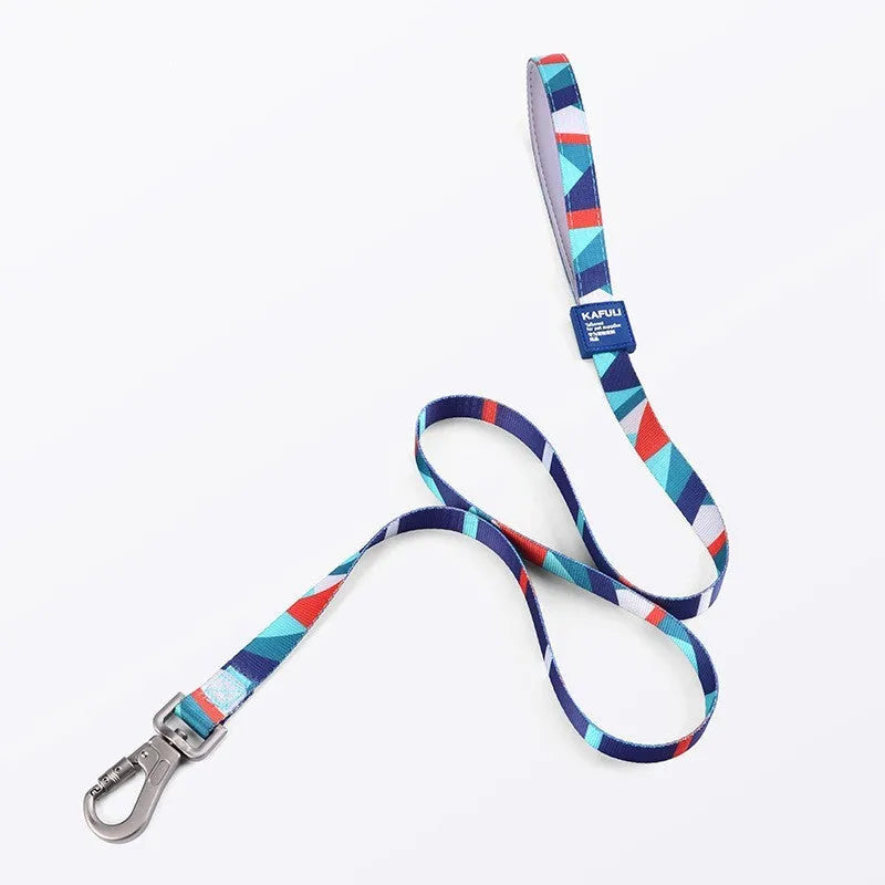 Blue polyester dog harness and lead combo set showing adjustable chest strap and attached rope.