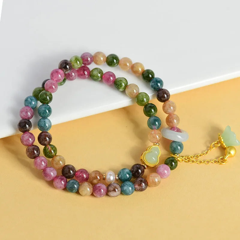 Natural chalcedony double ring bracelet with 6-6.5mm beads in C118 tourmaline colour geometric design