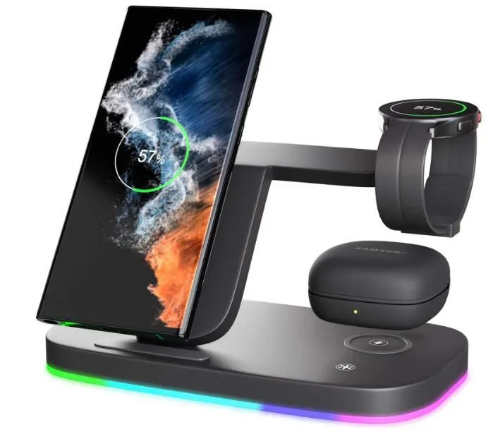 Vertical 3-in-1 wireless charging stand for mobile phone, smartwatch, and headphones on a desk.