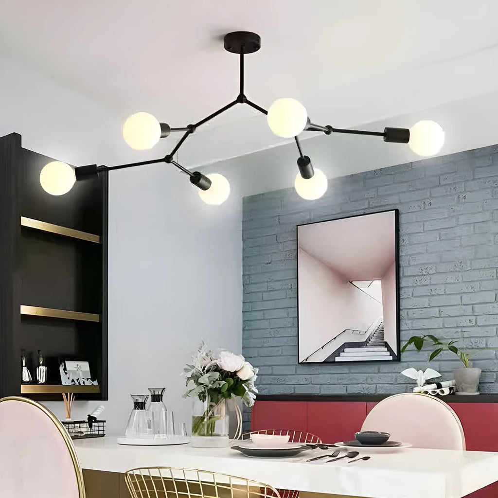 Black iron chandelier ceiling lamp with multiple bulbs in a Nordic style.