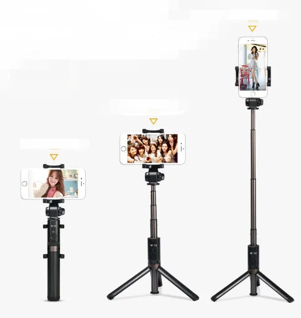 Aluminium alloy Bluetooth selfie stick with remote control and adjustable phone clip next to a smartphone