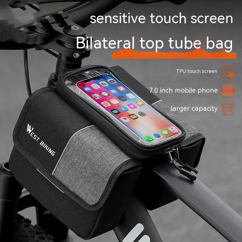Black and grey Oxford cloth saddle bag with bilateral tube touch screen access and 2L capacity