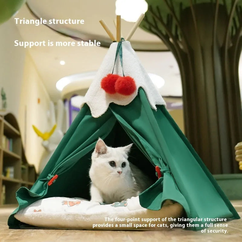 Semi-closed cat house with cloth construction in brown mat colour showing dimensions