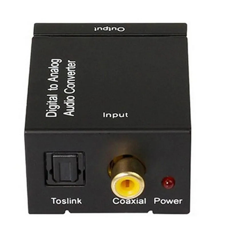 Black digital to analogue audio converter with Toslink and RCA inputs for DVD and AV systems.