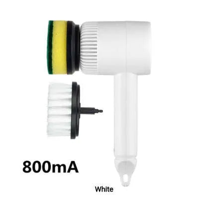 White rechargeable electric cleaning brush with multiple scrubber heads on a kitchen worktop.