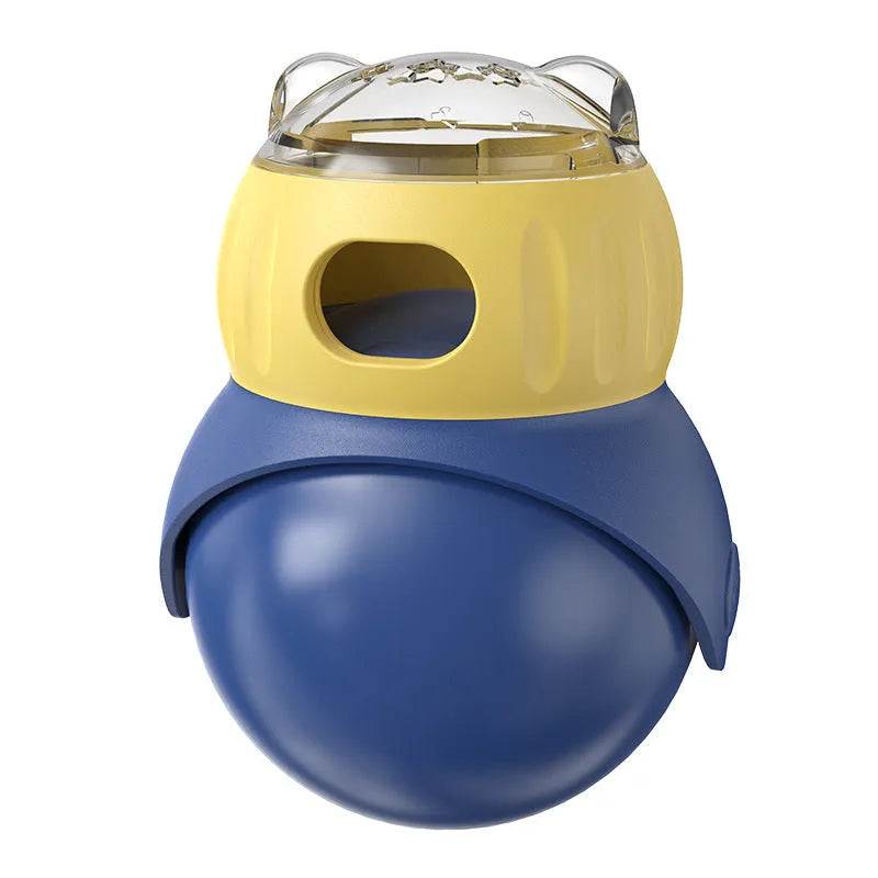 Morandi yellow and blue plastic owl-shaped cat puzzle feeder toy.