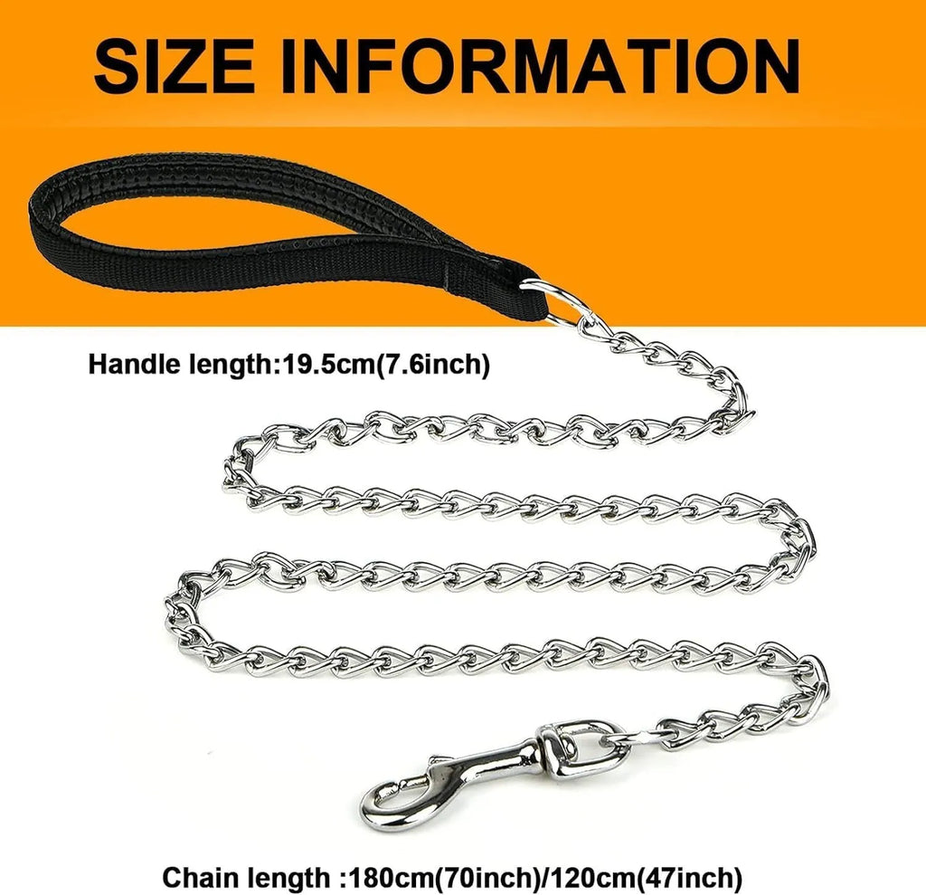 Heavy duty metal dog leash with soft black padded handle and silver chain, shown in red colour variant.
