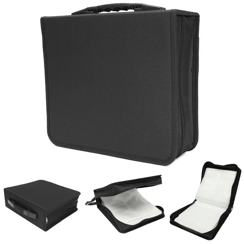 Black Oxford cloth CD storage binder with zipper and top hand strap for large disc collections