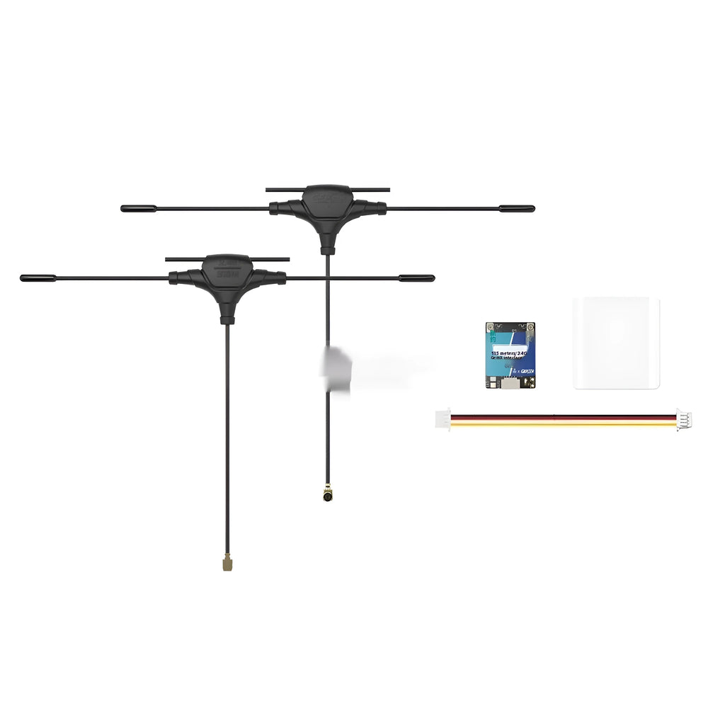 ELRS dual-frequency FPV receiver kit with T-shaped antennas and metal construction for drones