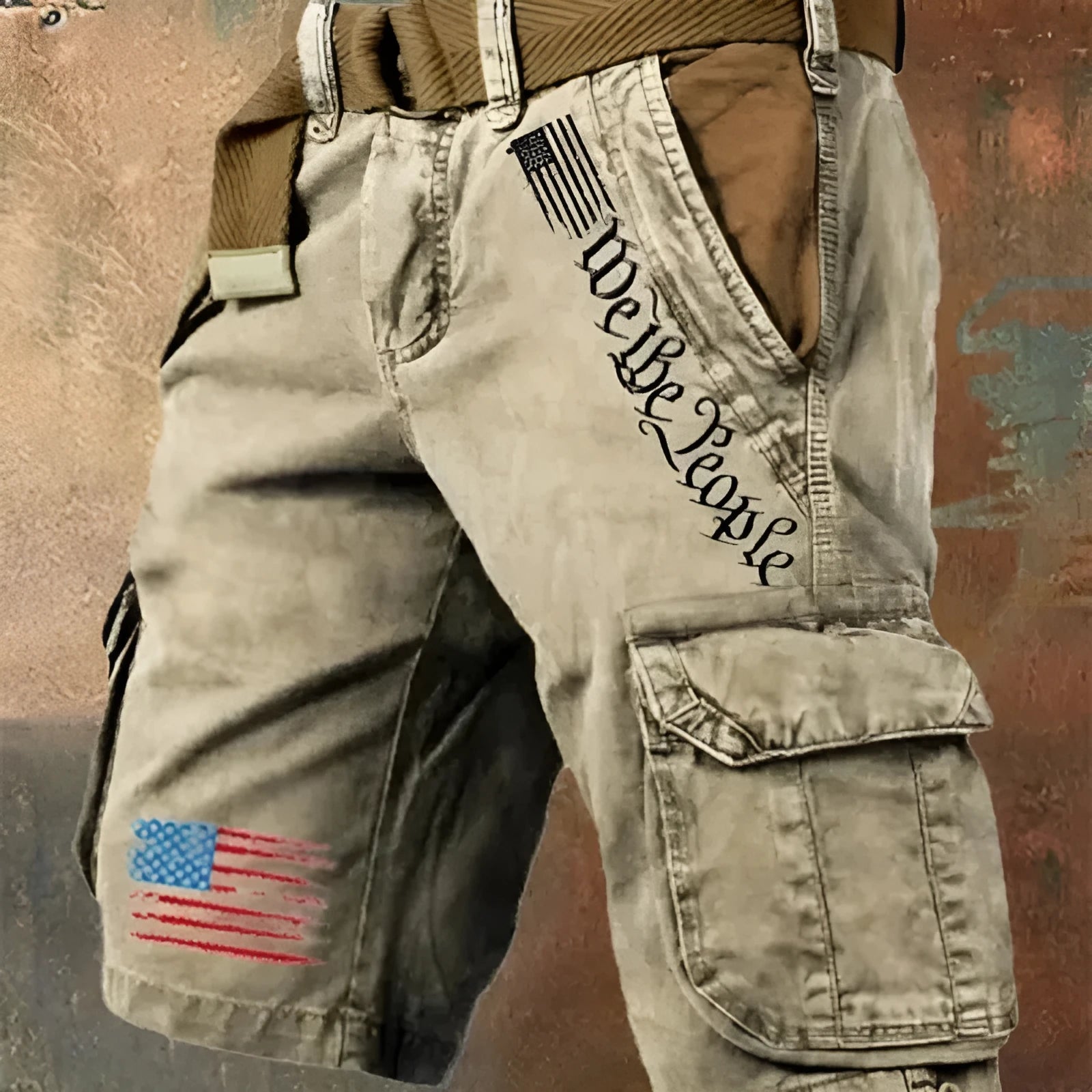 Men's khaki and blue thin denim fifth pants with multiple pockets showing loose-fitting workwear design