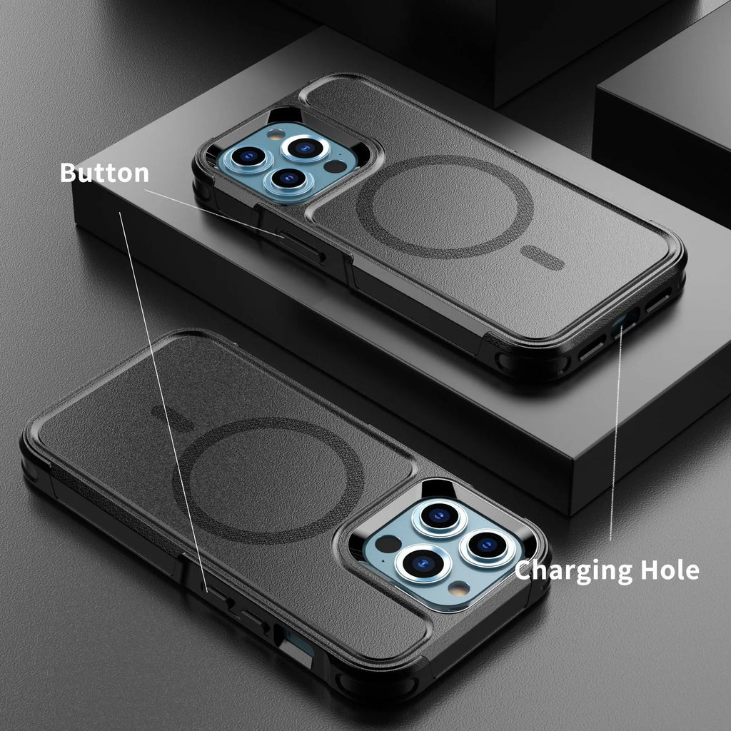 Black shatterproof magnetic phone case for iPhone 12 and 13 Pro models showing dimensions and material details
