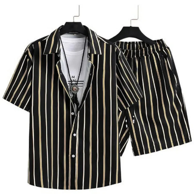 Man wearing a digital print short sleeve cardigan and matching shorts from a casual suit set.