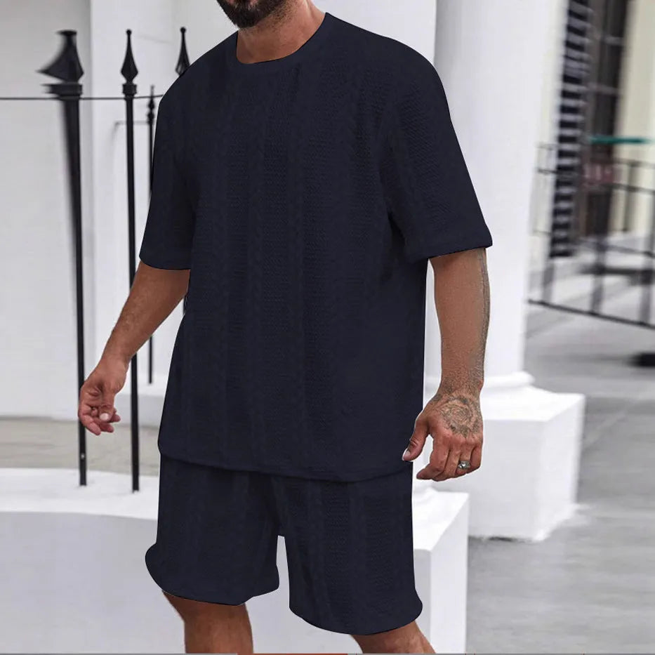 Men's knitted polyester summer set with round neck pullover and matching shorts in solid colour options