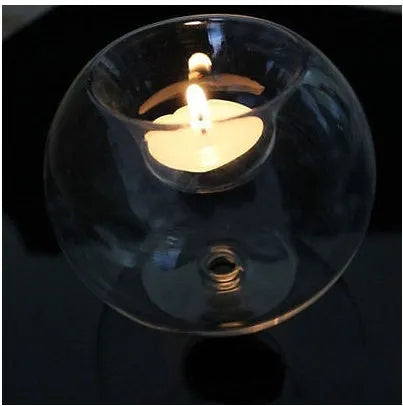 Clear handmade round glass bowl candle holder in three sizes: 10cm, 12cm, and 8cm diameter.