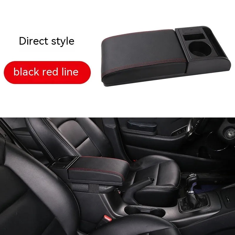 Universal plastic car armrest cover in PU leather black with red accent lines, shown on a centre console.