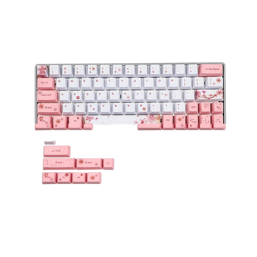 Pink PBT mechanical keyboard keycaps with white legends on top and sides, shown in an OEM profile.