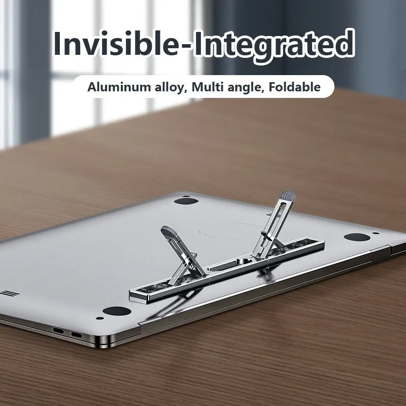 Silver aluminium laptop cooling stand with height adjustment mechanism on desktop