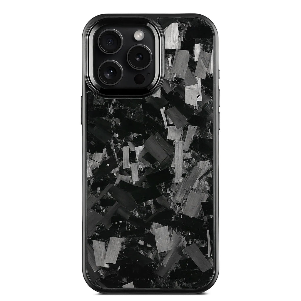 Black metal frame carbon fibre mobile phone case with forged pattern and magnetic back.