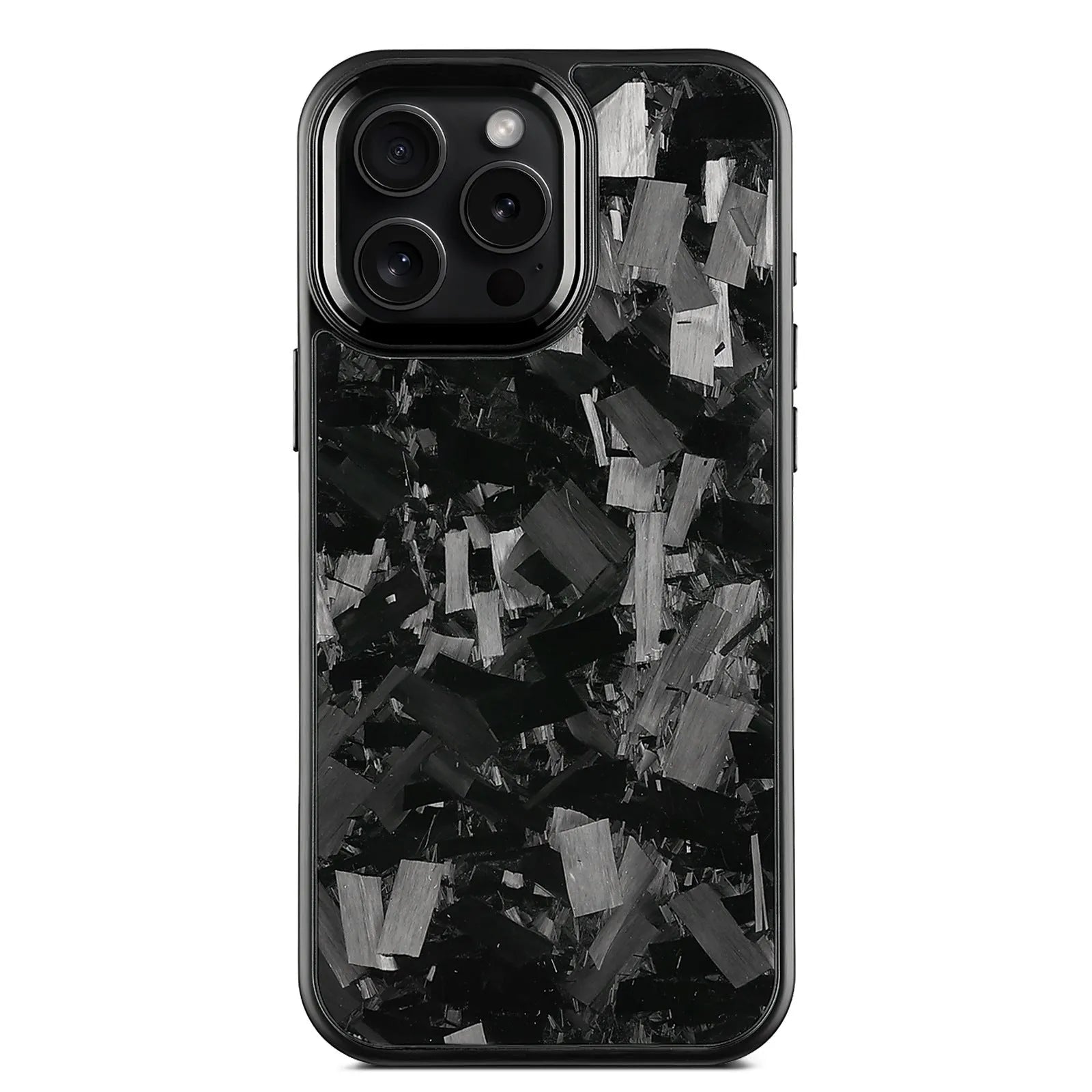 Black metal frame carbon fibre mobile phone case with forged pattern and magnetic back.