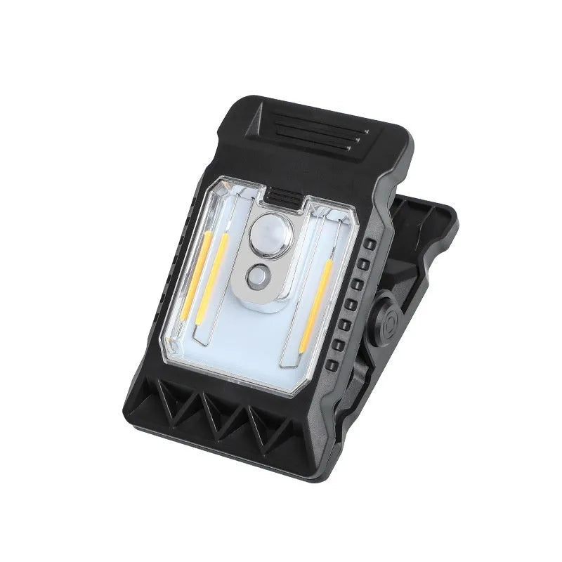 Compact white clip lamp with motion sensor for automatic indoor and outdoor lighting.