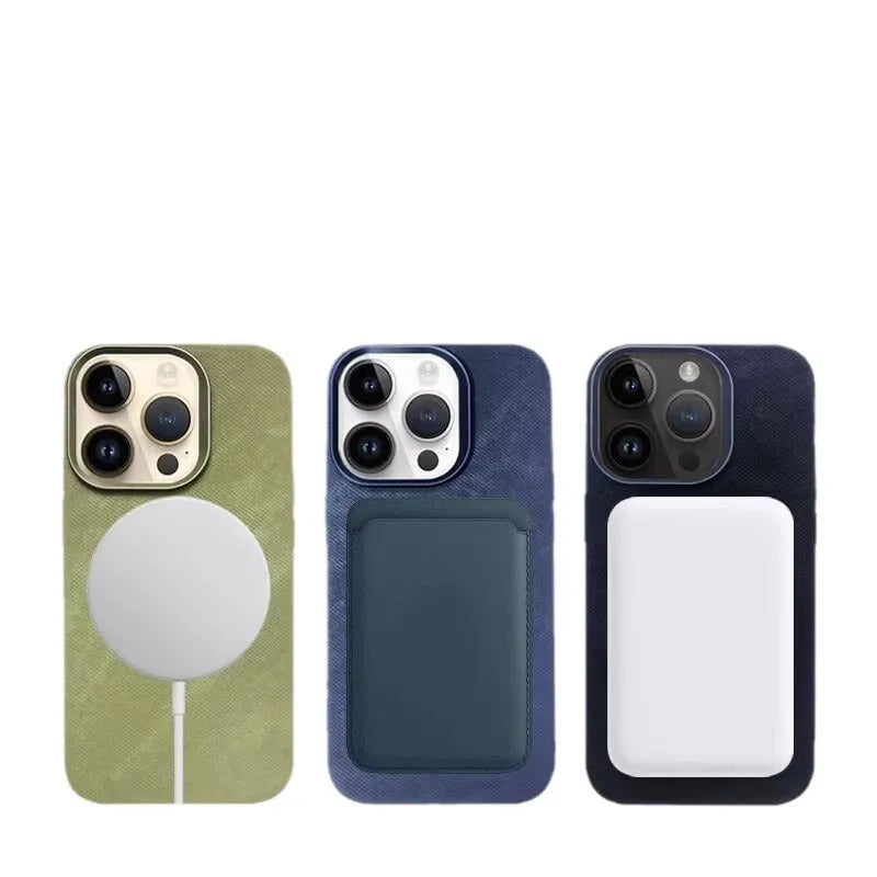 Magnetic leather drop-resistant flannel phone case in silver grey for iPhone.