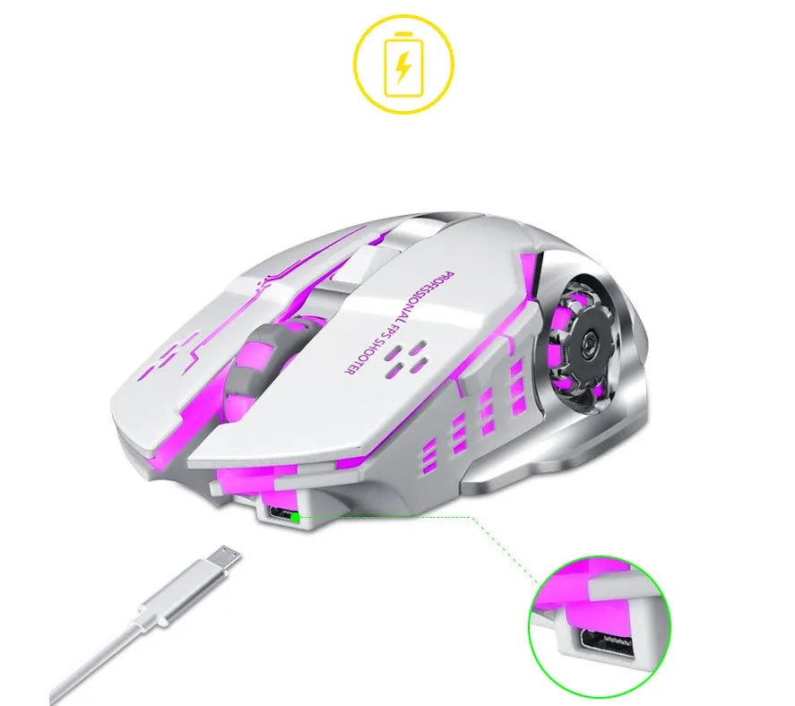 Black and white wireless charging mouse with six buttons and optical sensor
