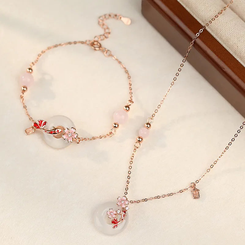 S925 sterling silver bracelet with Chinese floral designs and white chalcedony crystals in new Chinese style