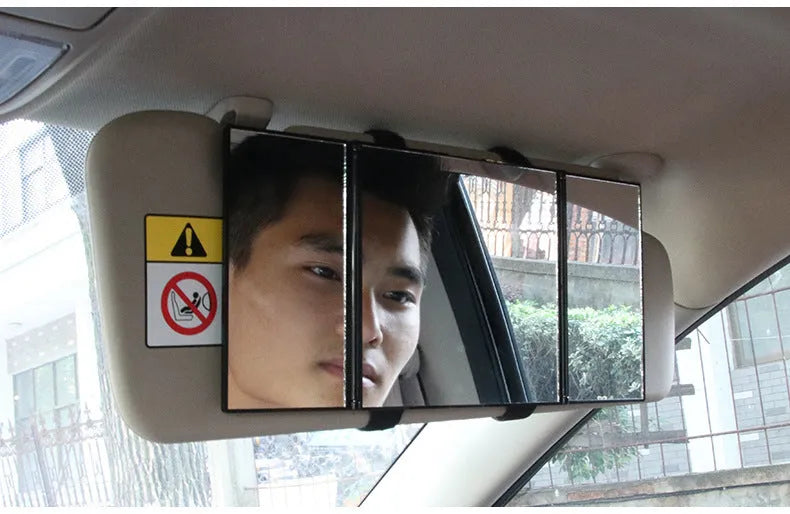 Silver car folding makeup mirror shown both closed and opened positions