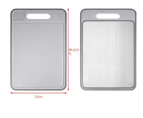 Grey square aluminium cutting board with integrated knife sharpener and grinding teeth