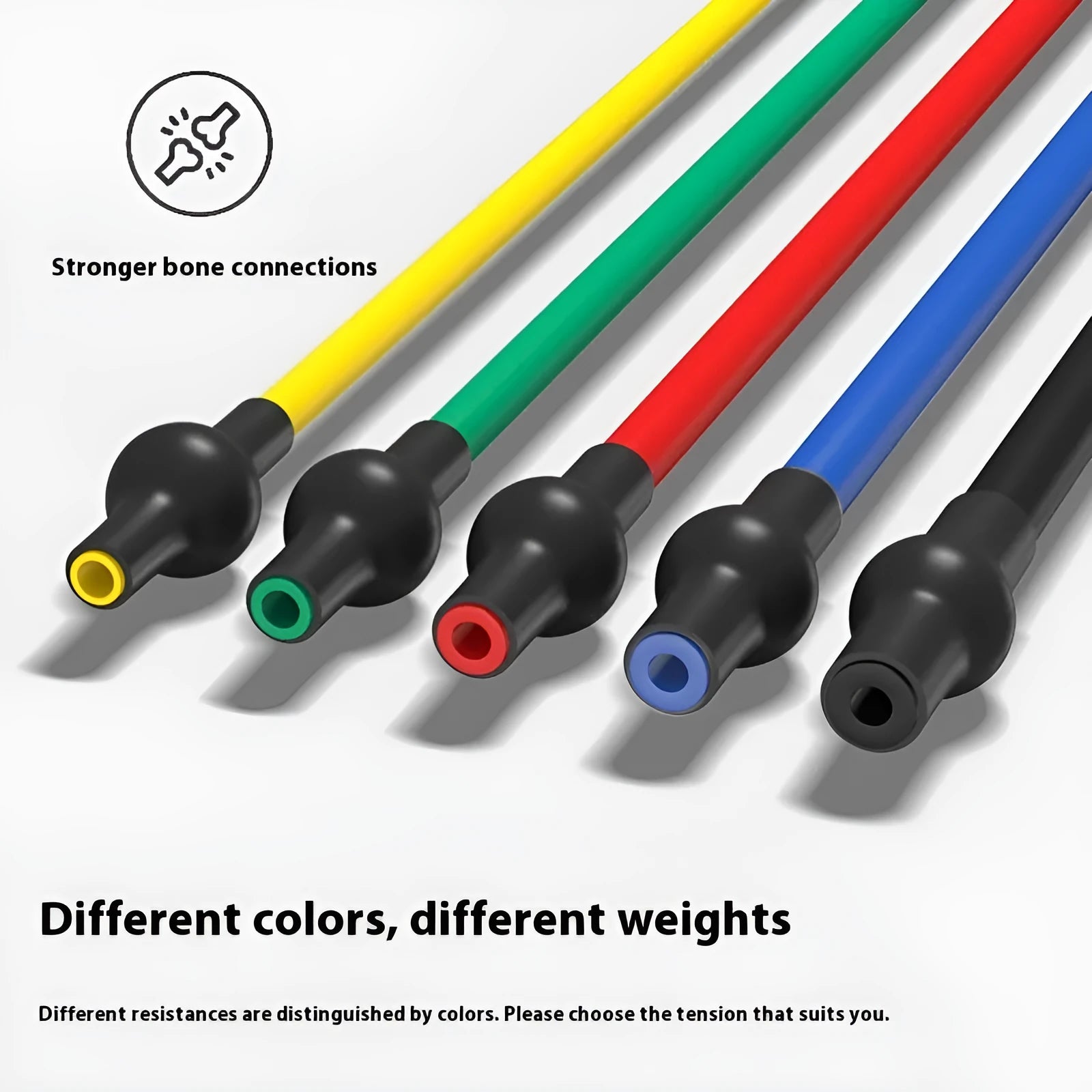 Adjustable resistance exercise equipment with TPE tension rope in five colour-coded resistance levels