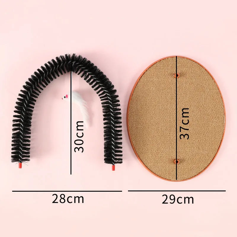 Black cat arch brush scratching post with attached plush mouse toy on non-slip base