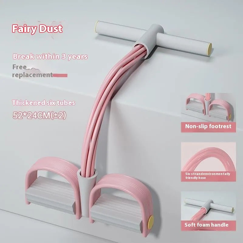Purple home fitness pedal tension device with puller and rope for waist and arm workouts.
