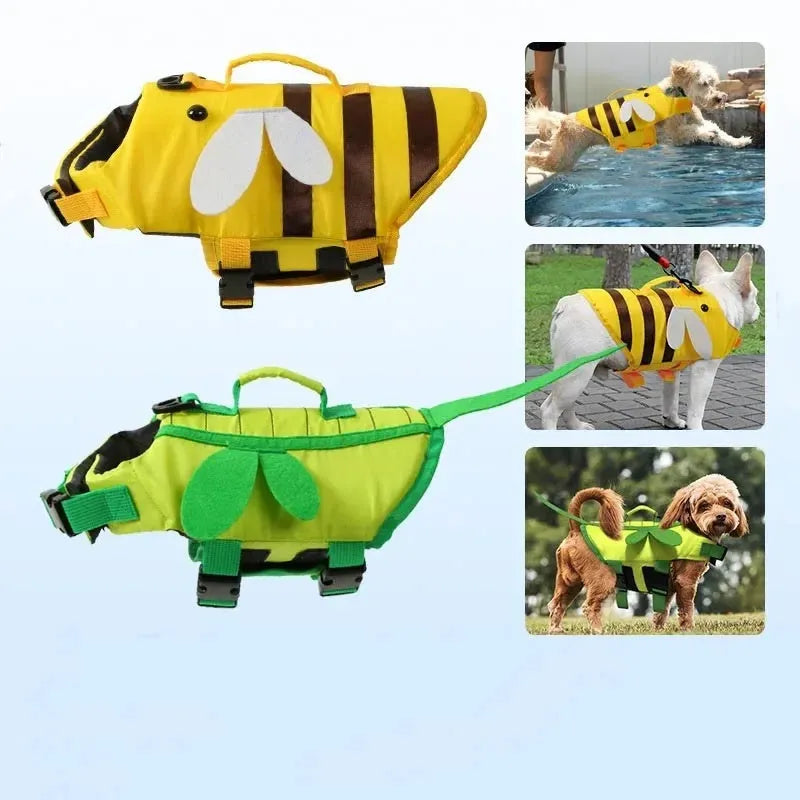 Green dog life vest with reflective strips and adjustable belly strap for swimming safety