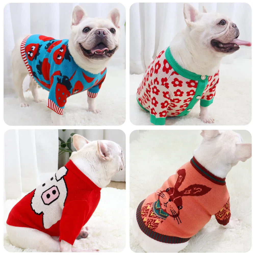 Cartoon animal design woollen dog sweater for autumn and winter, available in multiple sizes.